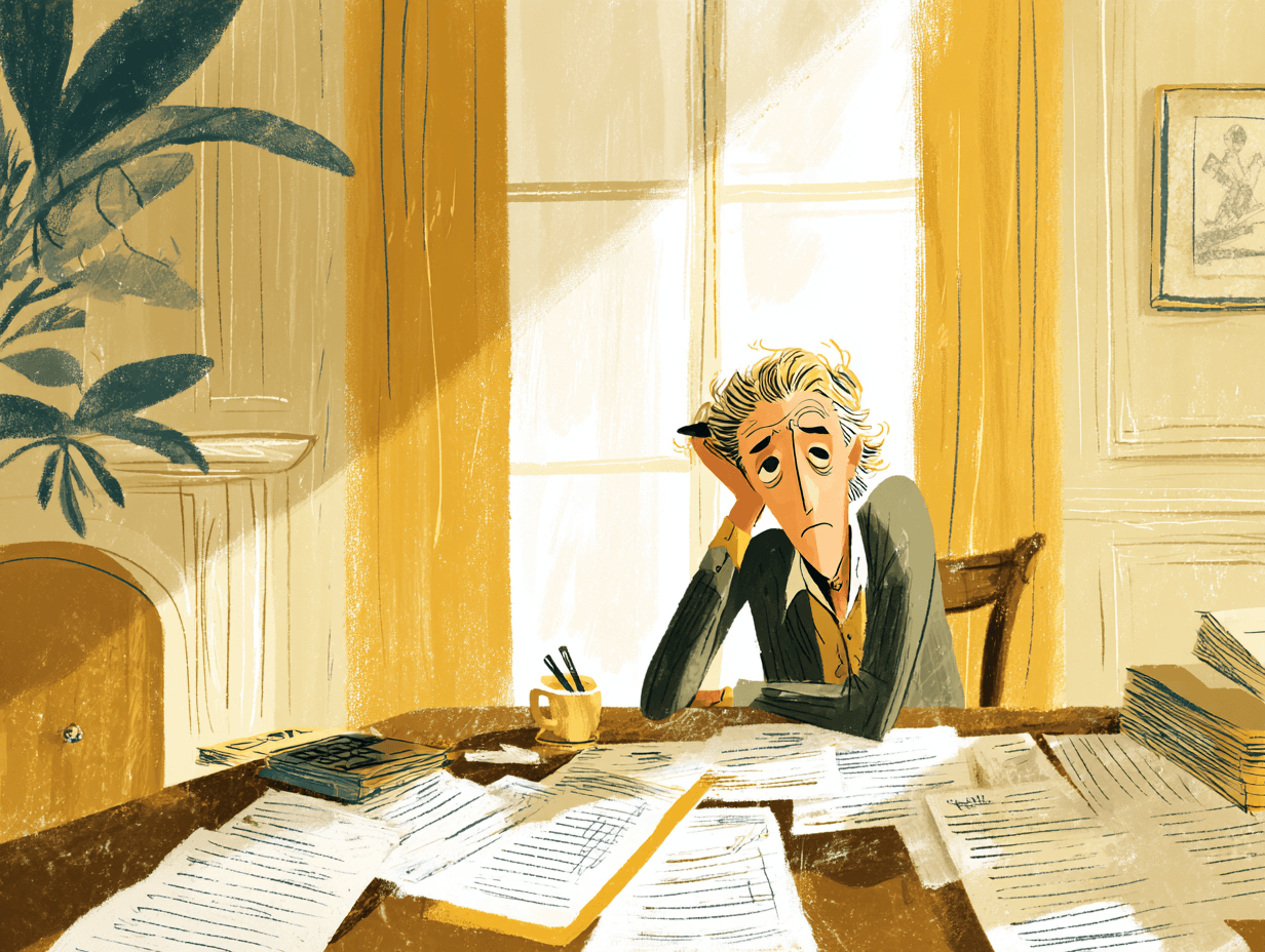 Editorial illustration of a person agonizing over paperwork at a desk