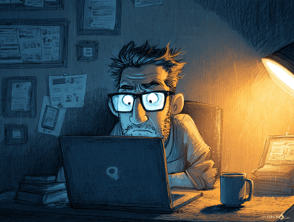 Editorial illustration of person frustrated at laptop late at night with conflicting tax advice